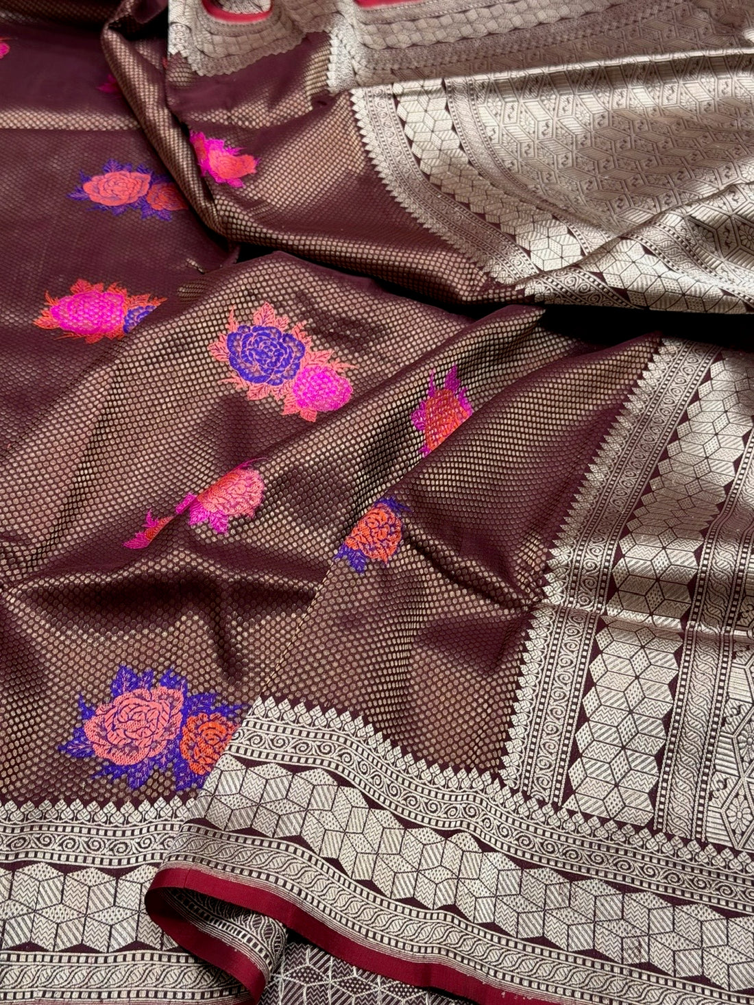 Wine Handwoven Pure Banarasi Silk Brocade Saree