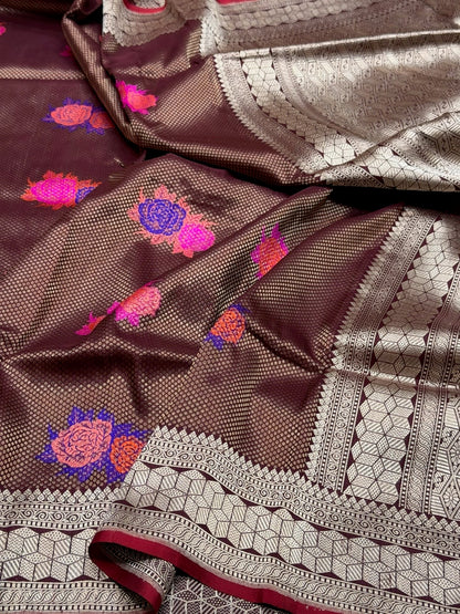 Wine Handwoven Pure Banarasi Silk Brocade Saree