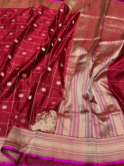 Red Handwoven Pure Banarasi Satin Silk Saree – Luxurious Satin Silk with Kadwa Weave