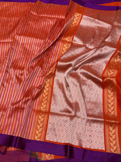 Orange Handwoven Pure Banarasi Ektara Silk Saree with Satin Border – Kadwa Weave | Authentic Banaras Handloom