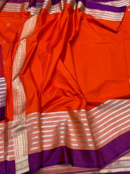 Orange Handwoven Pure Banarasi Ektara Tissue Saree | Lightweight Kadwa Katan Silk
