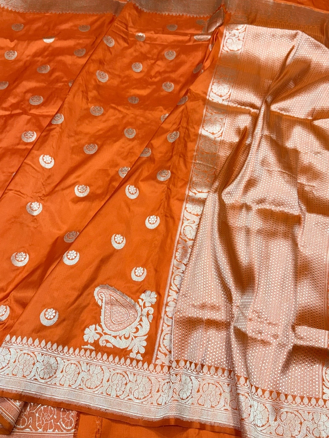 Orange Handwoven Chand Tara Koniya Pure Banarasi Silk Saree – Kadwa Weave | Bridal Katan Silk | 100% Pure Mulberry Silk