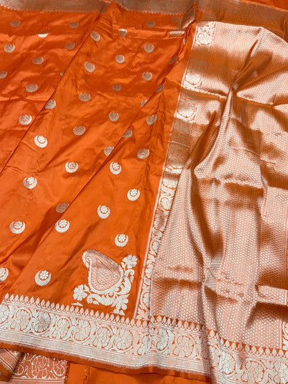Orange Handwoven Chand Tara Koniya Pure Banarasi Silk Saree – Kadwa Weave | Bridal Katan Silk | 100% Pure Mulberry Silk