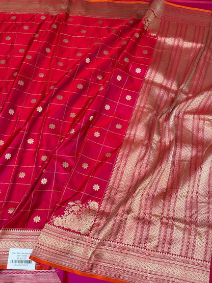 Red Handwoven Pure Banarasi Satin Silk Saree – Luxurious Satin Silk with Kadwa Weave