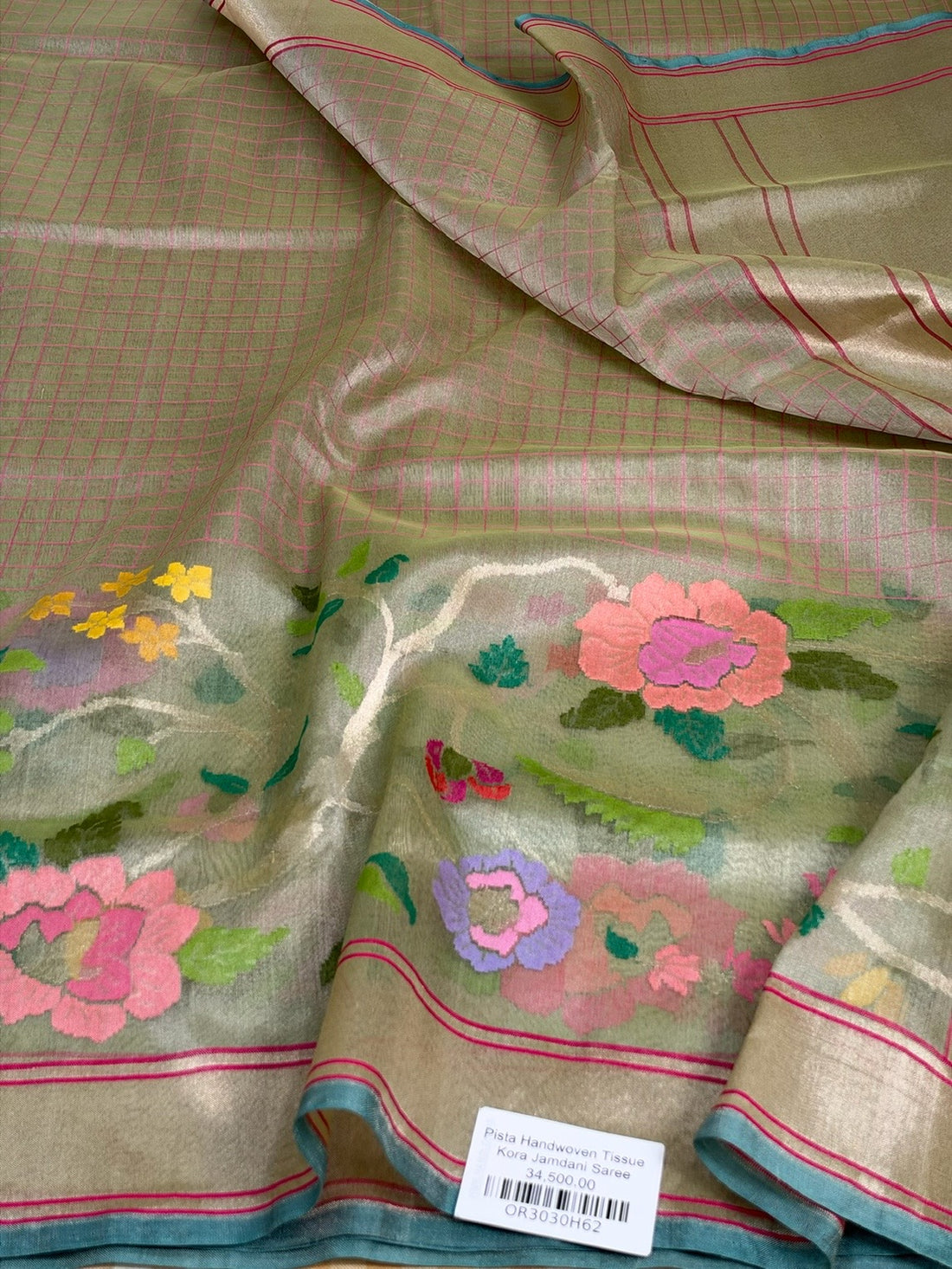 Pista Green Banarasi Pure Kora Tissue Jamdani Saree