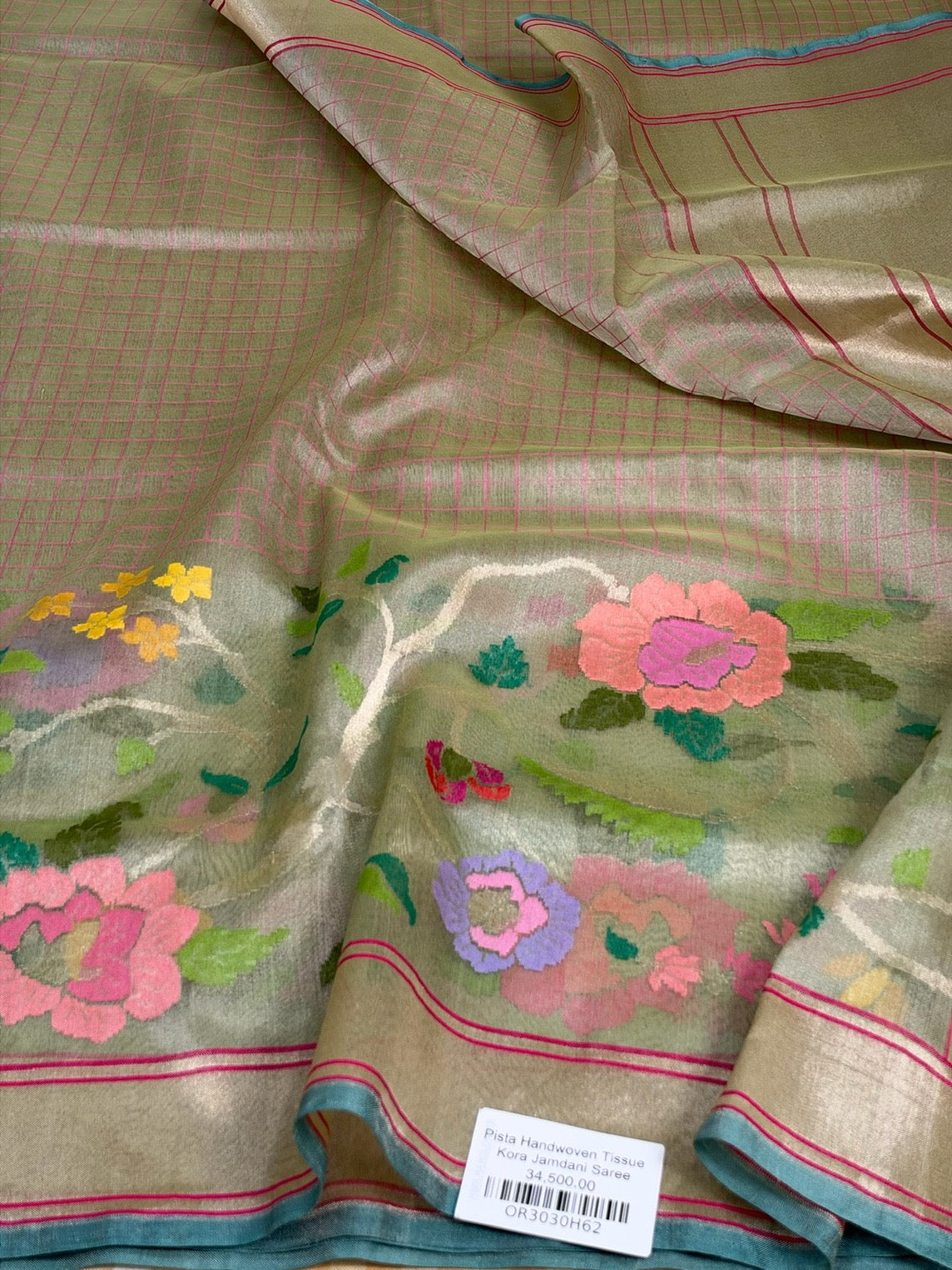 Pista Green Banarasi Pure Kora Tissue Jamdani Saree
