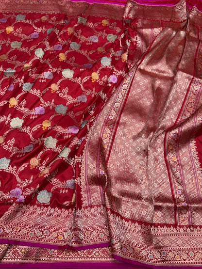 Red Handwoven Pure Banarasi Silk Saree in Kadwa Weave – 100% Katan Mulberry Silk