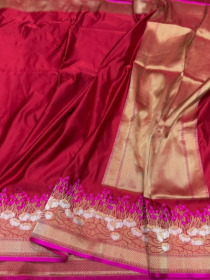 Red Handwoven Pure Banarasi Mashru Satin Silk Saree