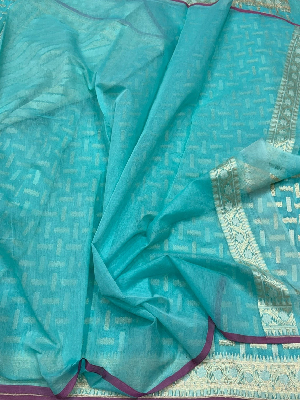 Sky Blue Banarasi Pure Kora Cotton Saree