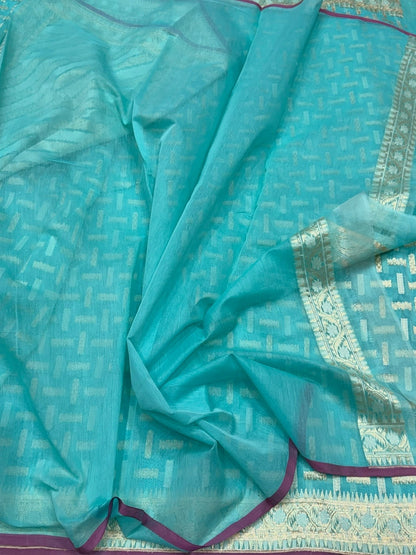 Sky Blue Banarasi Pure Kora Cotton Saree