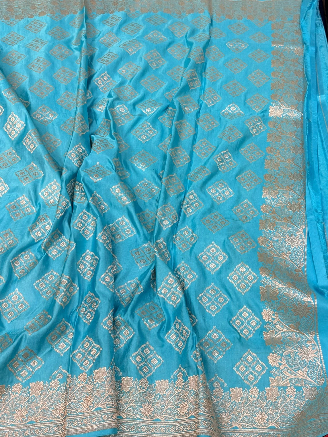 Sky Blue Handwoven Vintage Pure Banarasi Satin Silk Saree