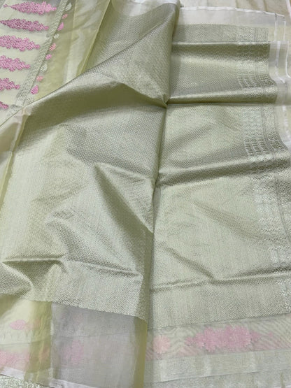 Pista Green Handwoven Pure Banarasi Organza Silk Saree – Kadwa Weave with Skirt Border