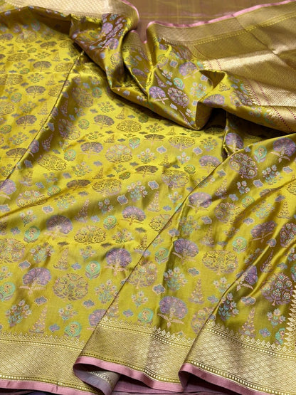 Mehndi Yellow Handwoven Pure Banarasi Satin Tanchoi Silk Saree – Kadwa Weave | Authentic Banaras Handloom