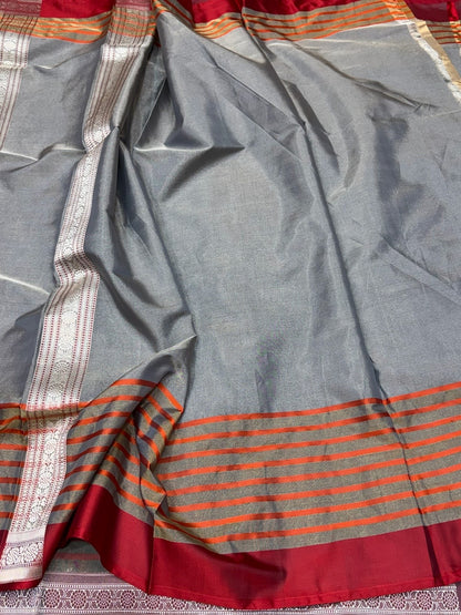 Grey Handwoven Pure Banarasi Ektara Tissue Saree | Lightweight Kadwa Katan Silk