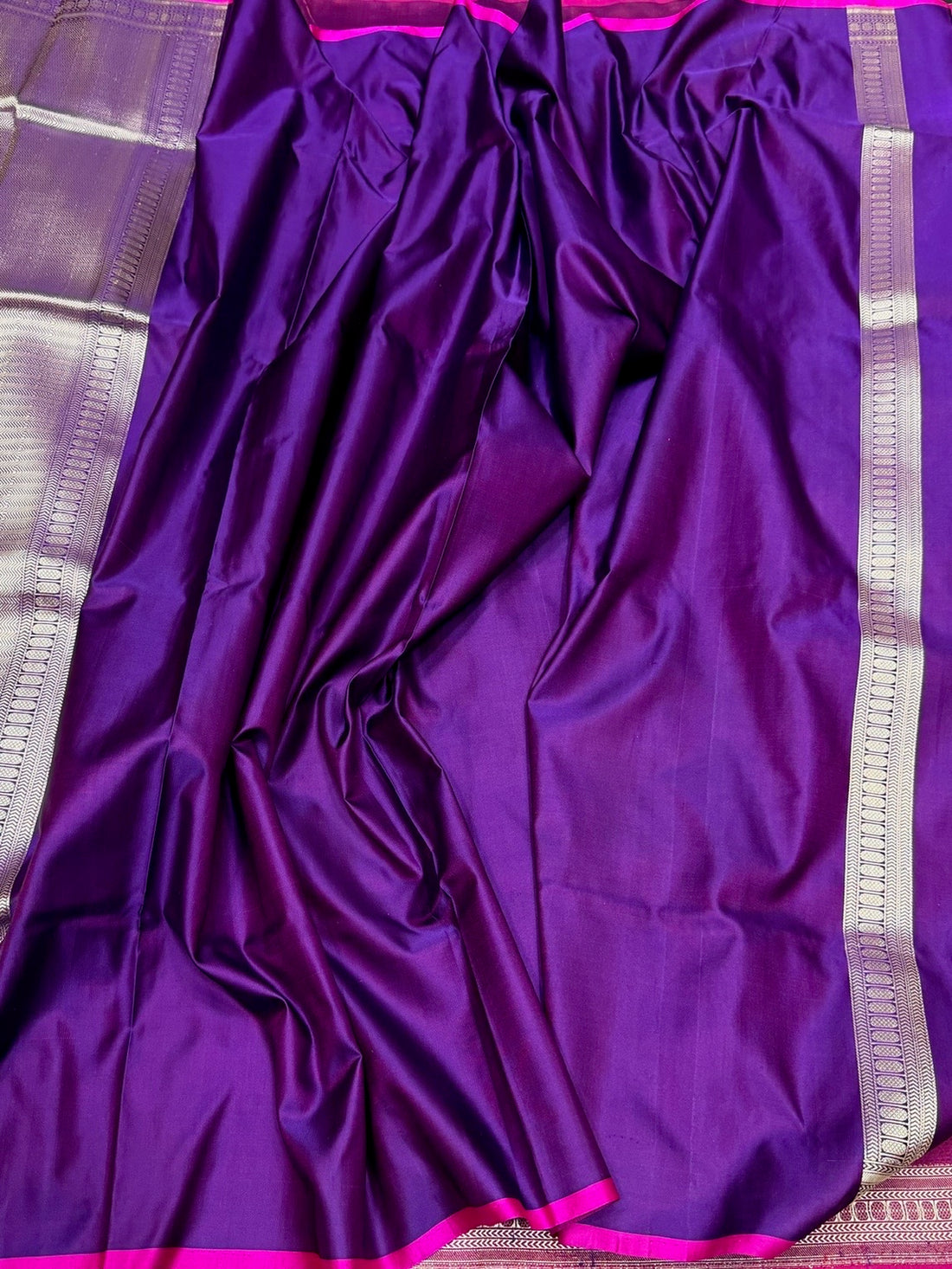 Purple Handwoven Pure Banarasi Satin Tanchoi Silk Saree – Kadwa Weave | Authentic Banaras Handloom