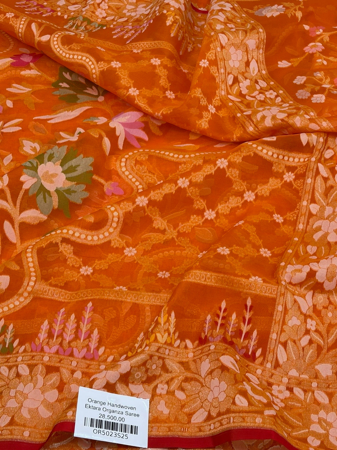 Orange Banarasi Pure Kora Jamdani Saree