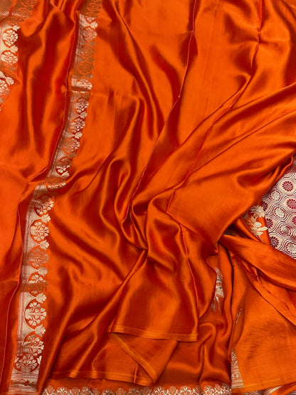 Orange Handwoven Pure Mashru Banarasi Satin Silk Saree