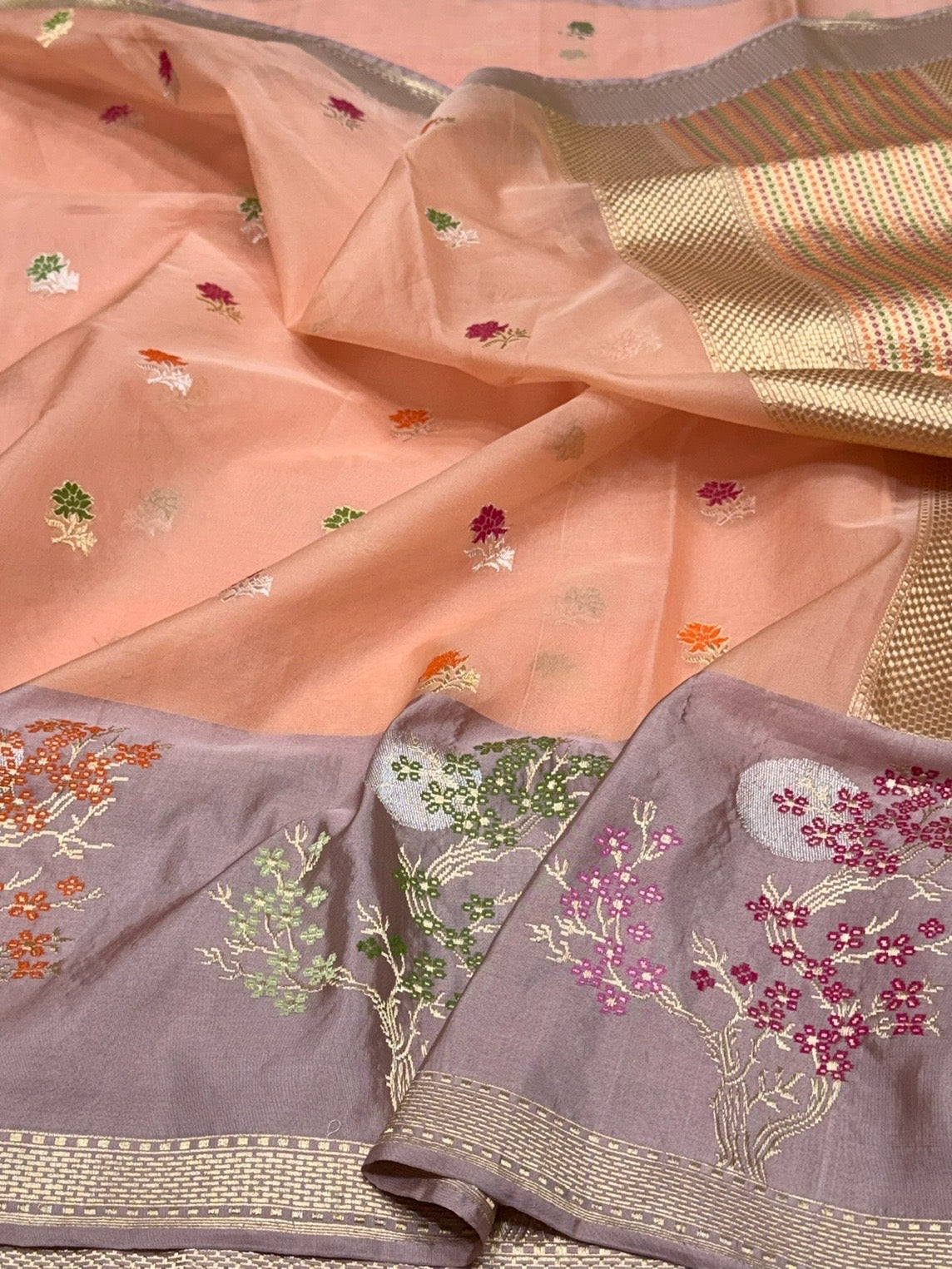 Peach Handwoven Pure Organza Silk Saree in Kadwa Weave | 100% Pure Kora Silk