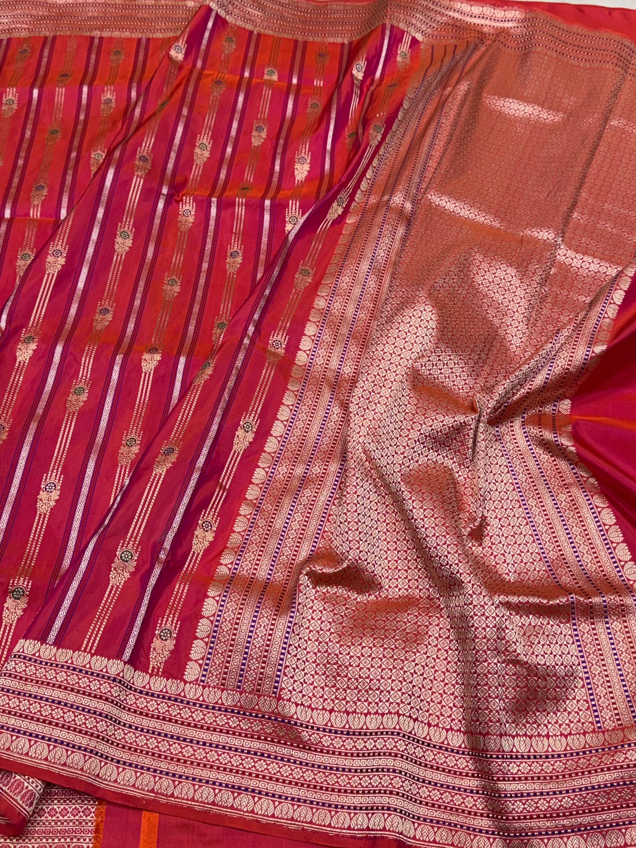 Orangish Pink Handwoven Pure Banarasi Silk Saree – Kadwa Katan Mulberry Silk | Authentic Banaras Handloom