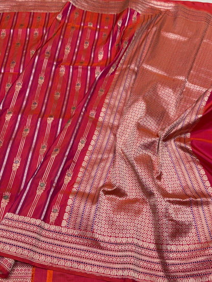 Orangish Pink Handwoven Pure Banarasi Silk Saree – Kadwa Katan Mulberry Silk | Authentic Banaras Handloom