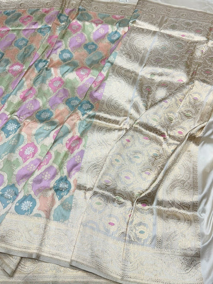 Ivory Handwoven Pure Banarasi Rangkaat Silk Saree