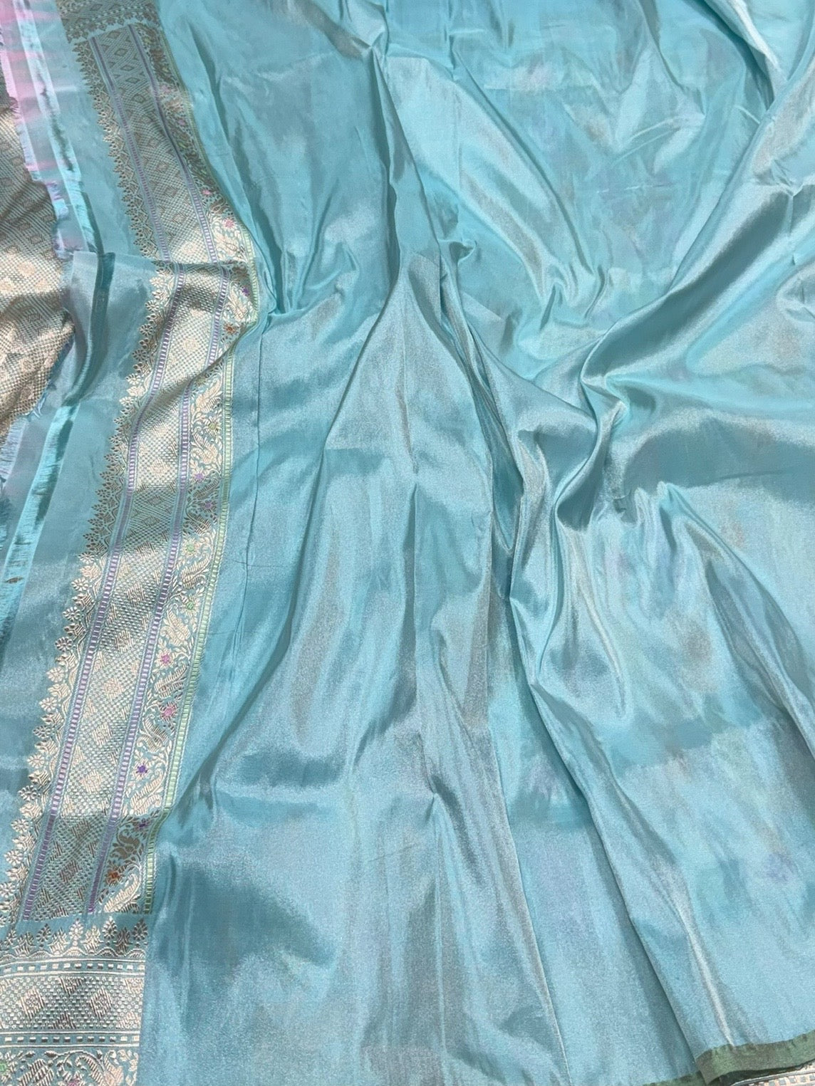 Sky Blue Handwoven Pure Banarasi Tissue Silk Saree – Kadwa Weave in 100% Tissue Silk