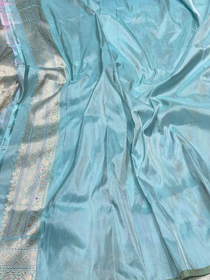 Sky Blue Handwoven Pure Banarasi Tissue Silk Saree – Kadwa Weave in 100% Tissue Silk