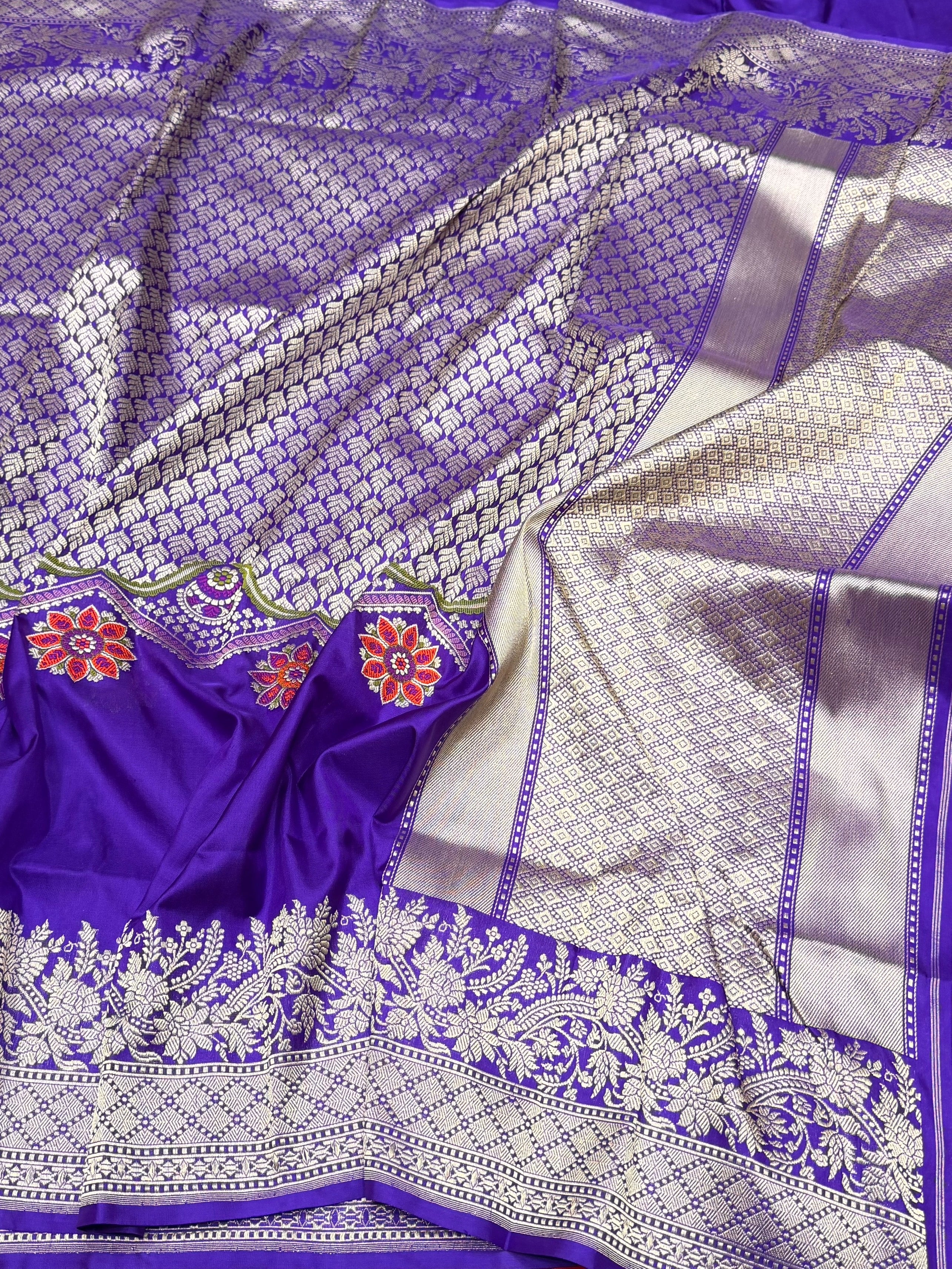 Purple Handwoven Pure Banarasi Silk Saree in Kadwa Weave | Authentic Katan Mulberry Silk