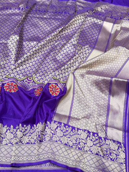 Purple Handwoven Pure Banarasi Silk Saree in Kadwa Weave | Authentic Katan Mulberry Silk
