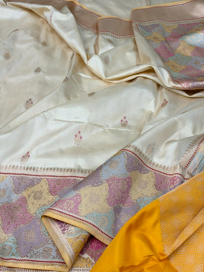 Cream Handwoven Pure Banarasi Ektara Silk Saree