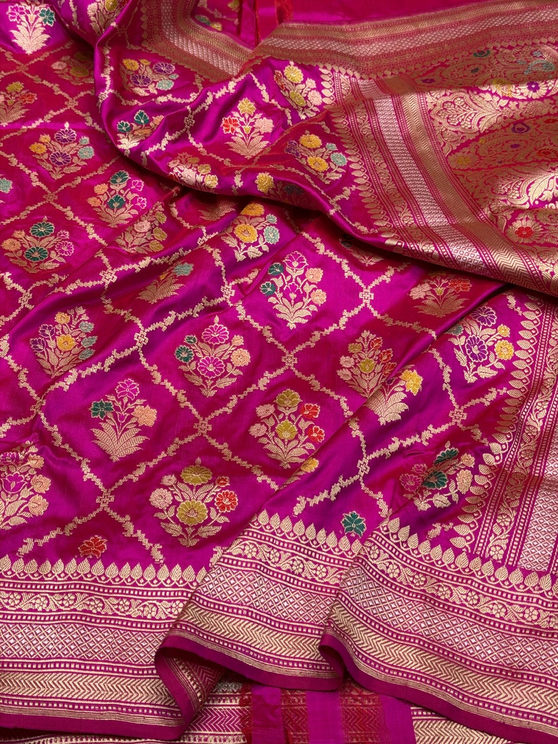 Rani Pink Handwoven Pure Banarasi Silk Saree – Kadwa Weave in 100% Katan Mulberry Silk