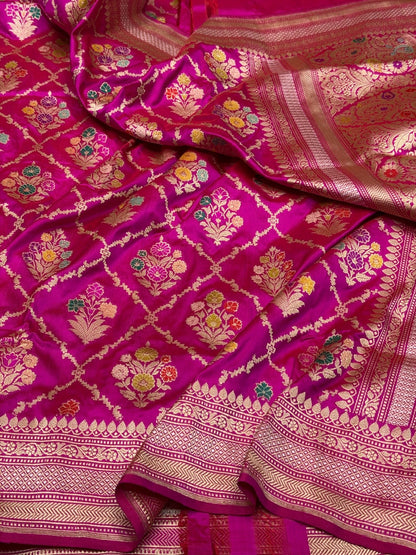 Rani Pink Handwoven Pure Banarasi Silk Saree – Kadwa Weave in 100% Katan Mulberry Silk
