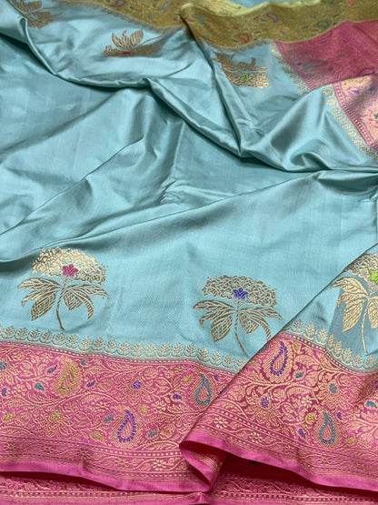 Sky Blue Handwoven Pure Banarasi Ektara Silk Saree – Kadwa Iktara Weave