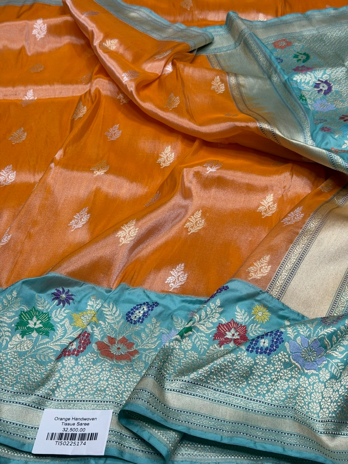 Orange Handwoven Pure Banarasi Tissue Saree