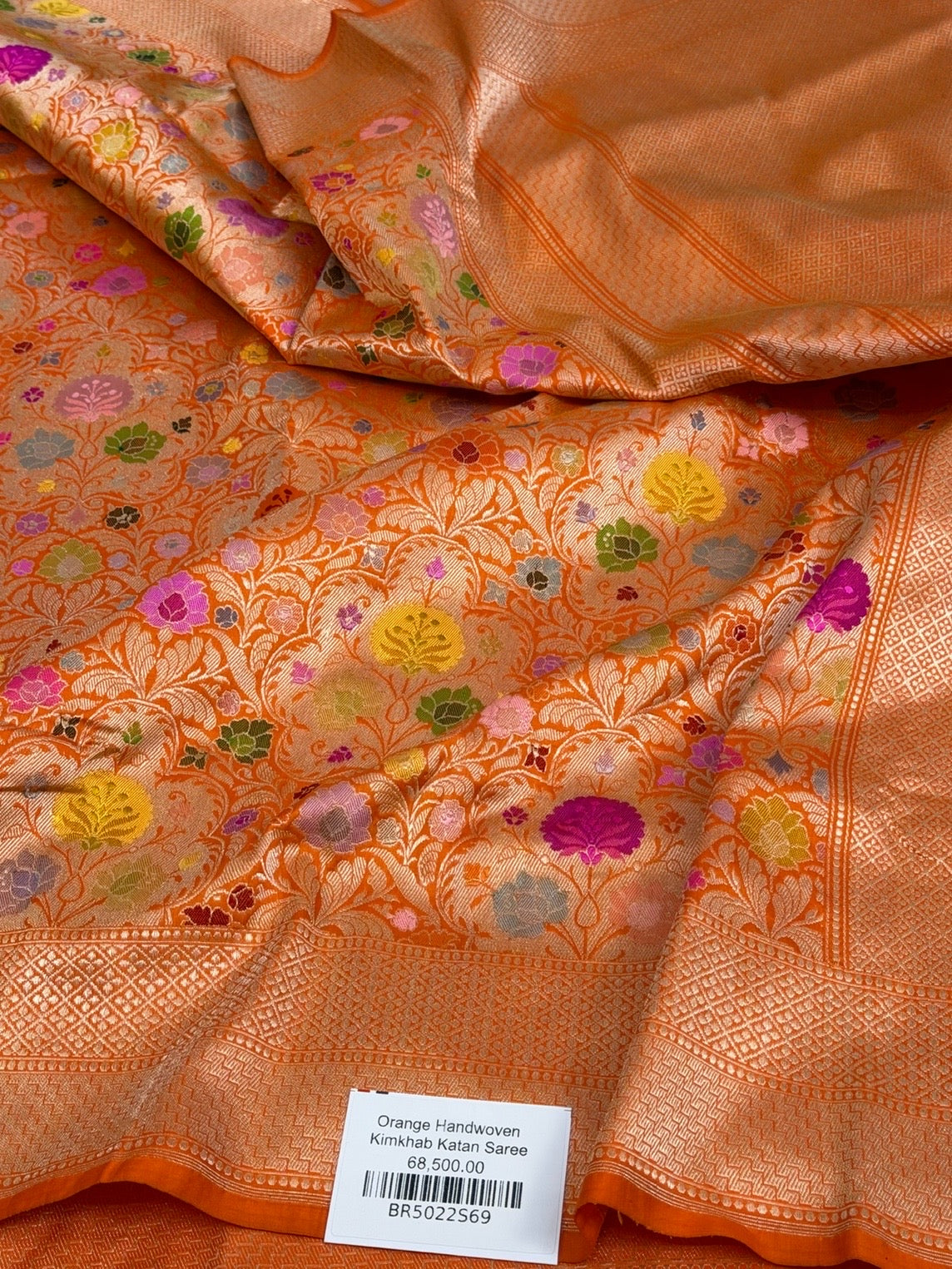Orange Handwoven Kimkhab Pure Banarasi Silk Brocade Saree