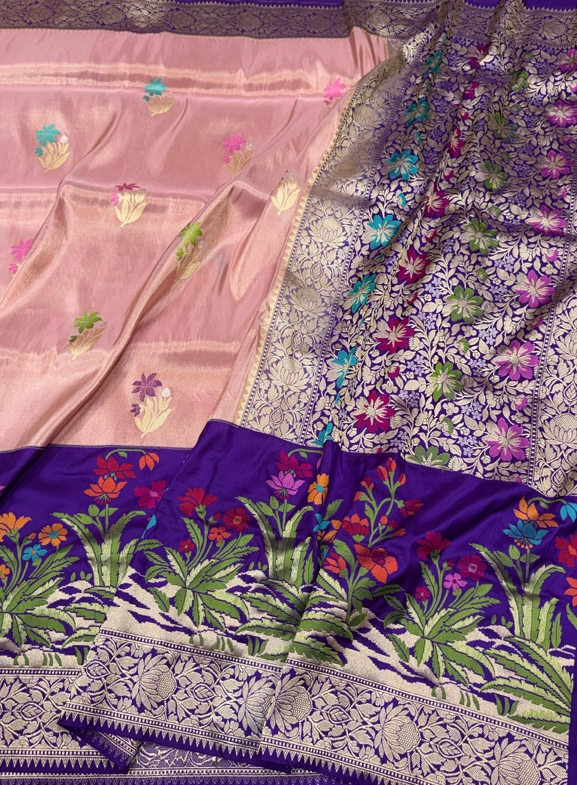 Peach Handwoven Pure Banarasi Tissue Saree