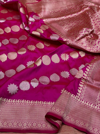 Rani Pink Handwoven Pure Banarasi Silk Saree | Kadwa Katan Mulberry Silk