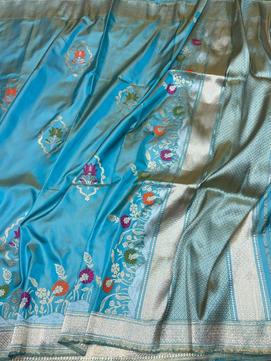 Sea Blue Handwoven Pure Banarasi Ektara Silk Saree