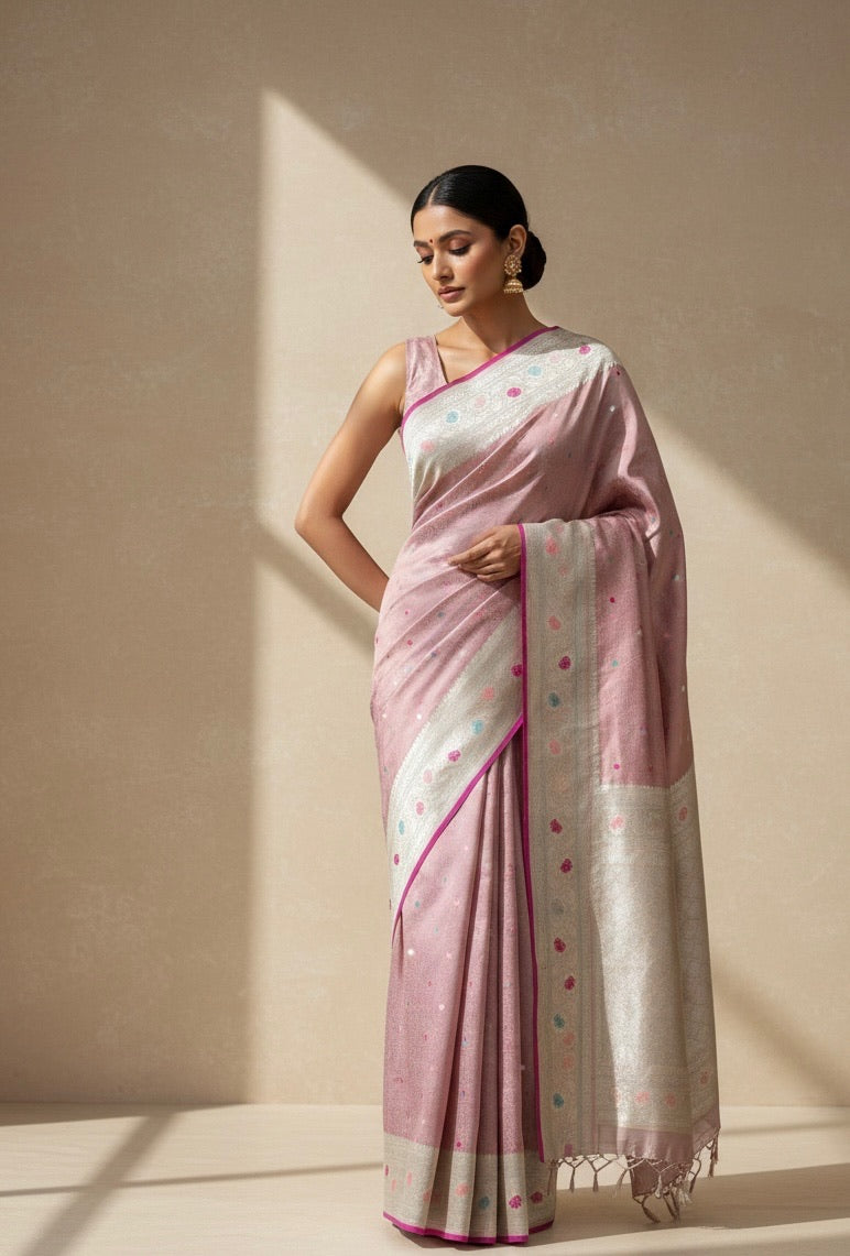Pastel Pink Handwoven Pure Banarasi Tissue Silk Saree – Ektara Tissue, Kadwa Weave, Lightweight Banarasi