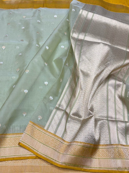 Pista Handwoven Pure Organza Silk Saree