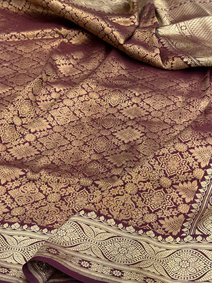 Wine Pure Banarasi Silk Brocade Saree in Katan Mulberry Silk – Timeless Banaras Elegance