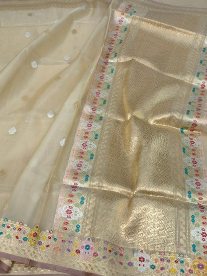 Cream Handwoven Pure Banarasi Organza Saree