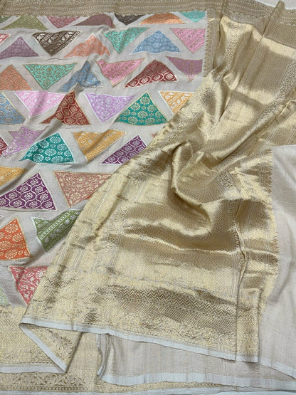 White Handwoven Banarasi Pure Tussar Georgette Saree