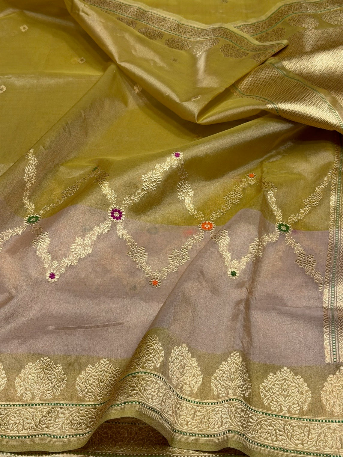 Mehndi Yellow Handwoven Pure Banarasi Tissue Saree