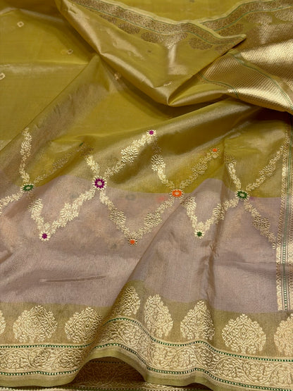 Mehndi Yellow Handwoven Pure Banarasi Tissue Saree