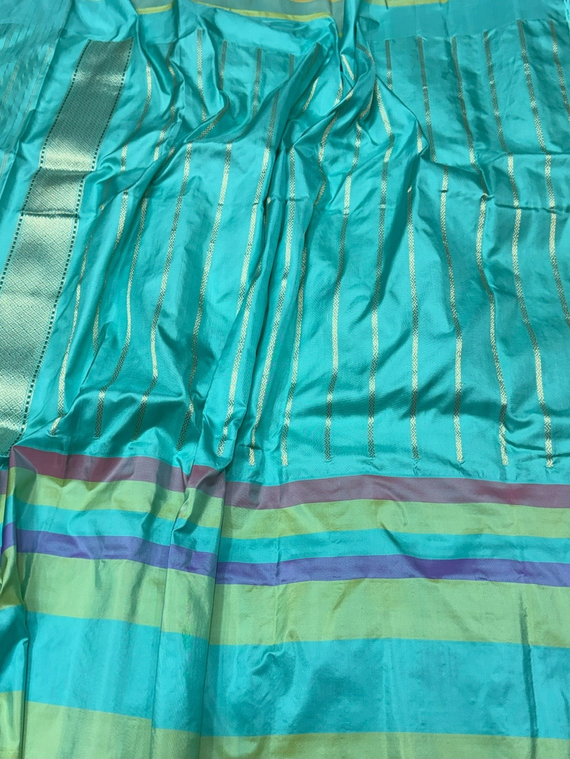 Mustard Yellow / Turquoise Green Handwoven Pure Banarasi Ektara Silk Saree – Luxury Kadwa Weave