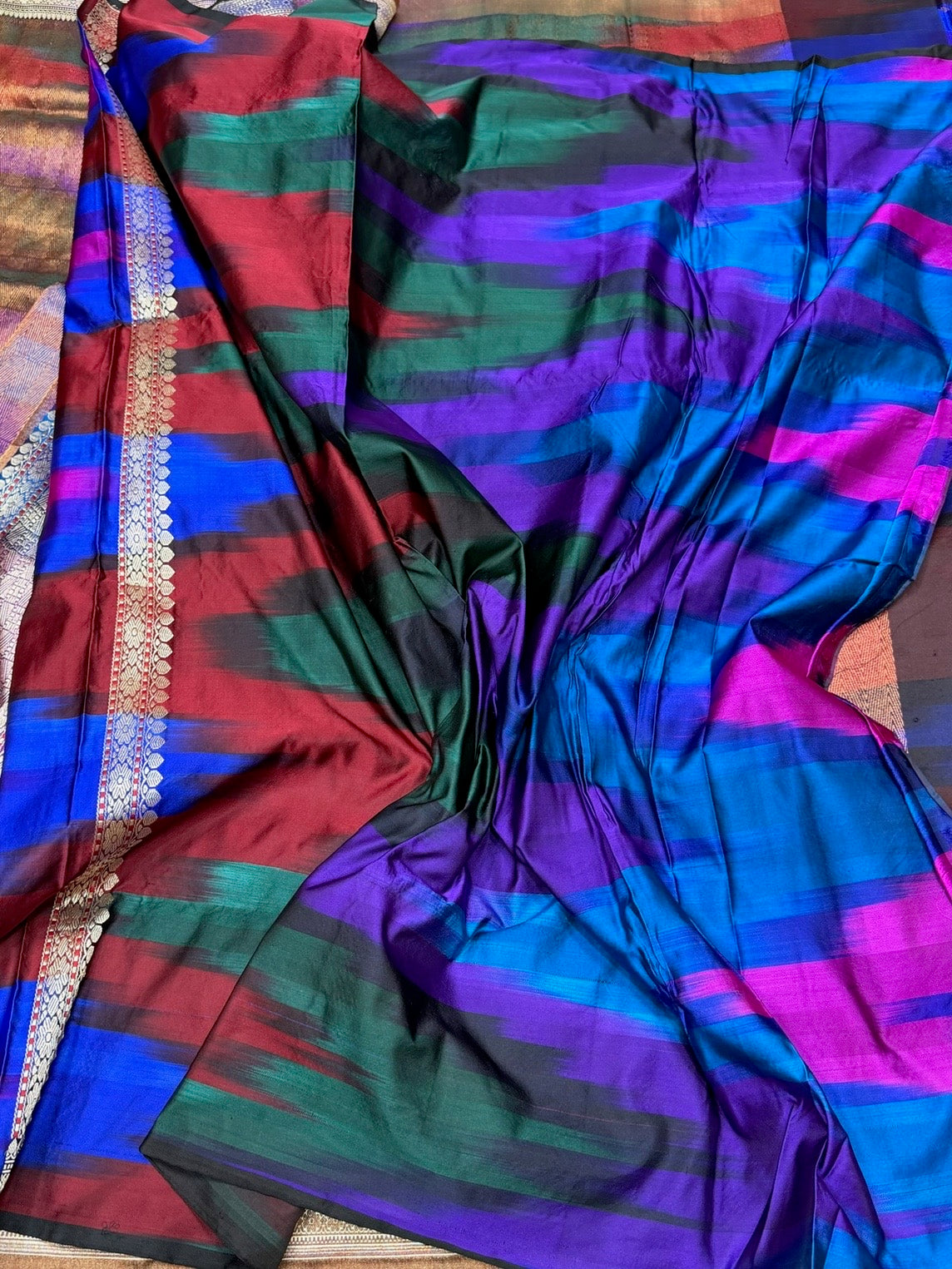 Rainbow Handwoven Pure Banarasi Satin Silk Saree – Authentic Kadwa Weave