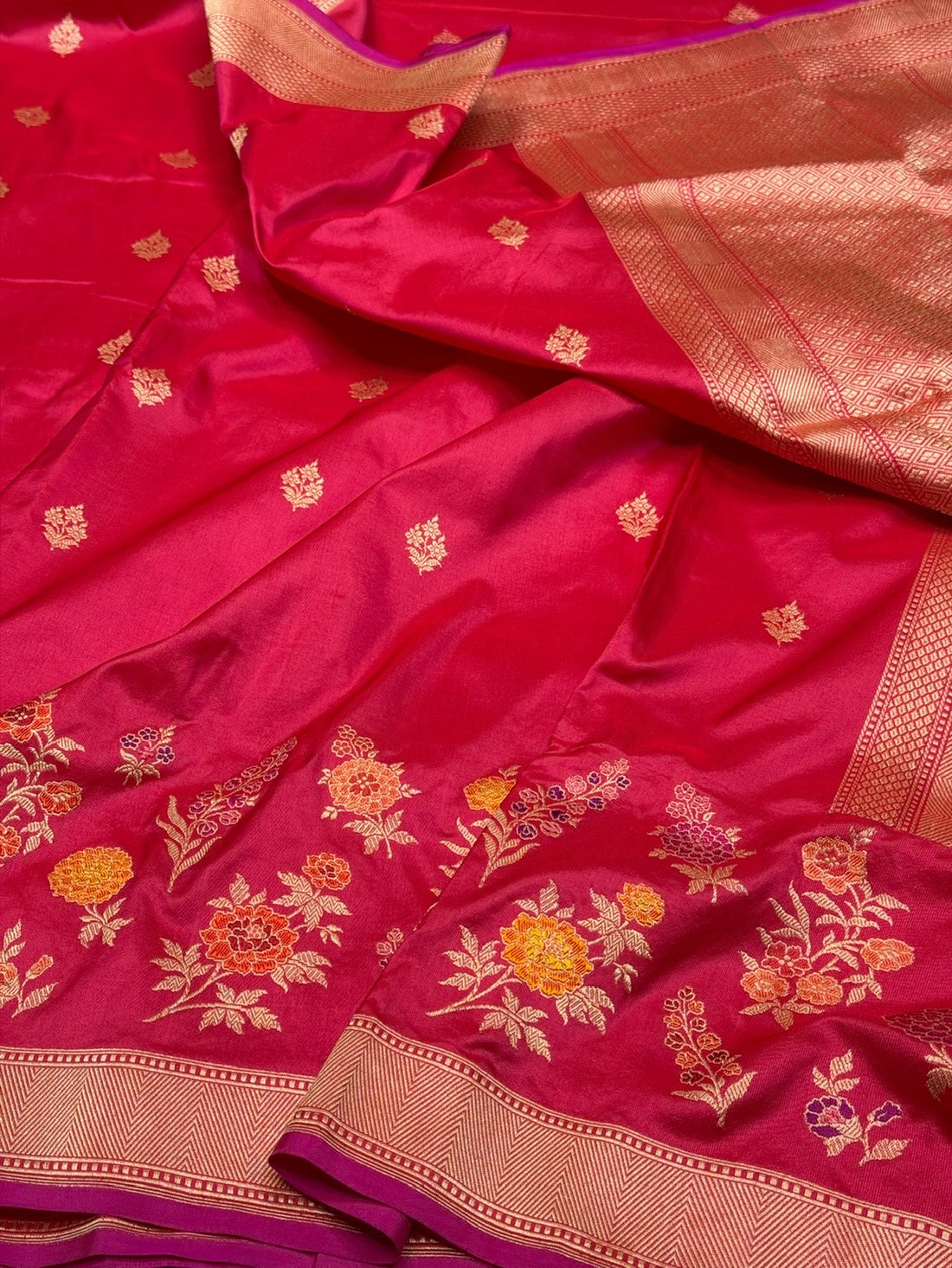 Reddish Pink Handwoven Pure Banarasi Silk Saree in Kadwa Weave | Authentic Katan Mulberry Silk