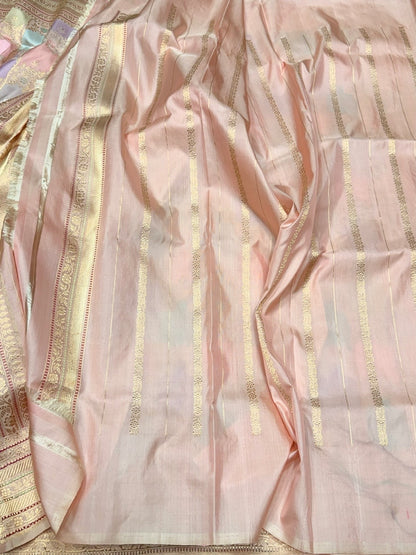 Peach Pink Handwoven Pure Banarasi Rangkaat Silk Saree – Pure Katan Silk | Rangkaat Technique | Luxury Banarasi Saree