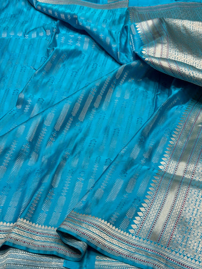 Sea Blue Handwoven Pure Banarasi Satin Tanchoi Silk Saree – Kadwa Weave | Authentic Banaras Handloom